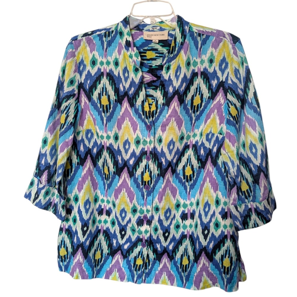 Jones New York Sport Womens Blue Purple Ikat Linen Button Front 3/4 Sleeve Top M